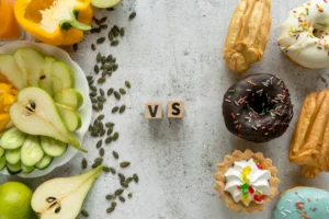 A vibrant spread of fruits and vegetables on the left contrasts with colorful desserts on the right, separated by vs blocks.