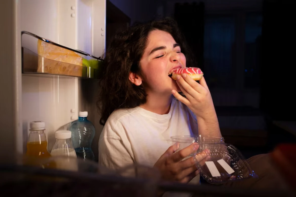 A person in a white shirt holds a donut while standing in front of an open refrigerator, illuminated by soft lighting.