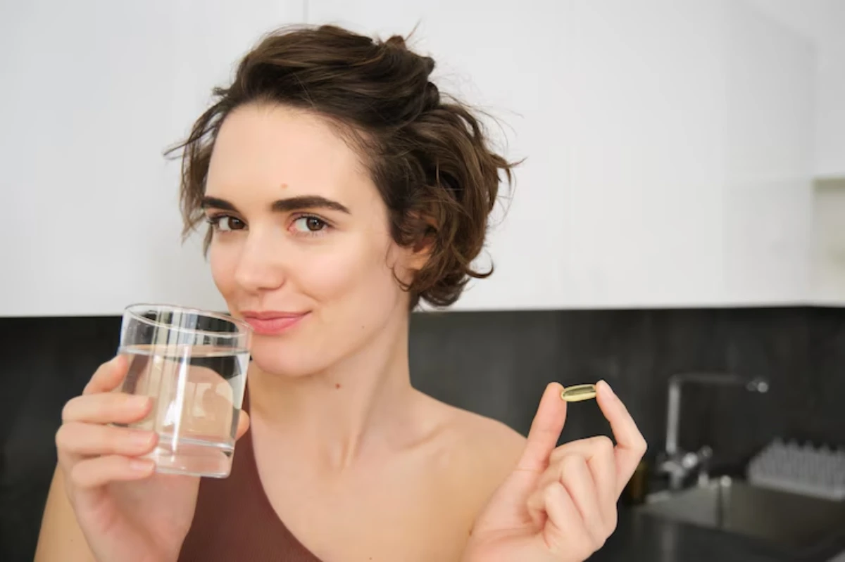 A person holds a glass of water in one hand and a capsule in the other, standing in a modern kitchen setting.