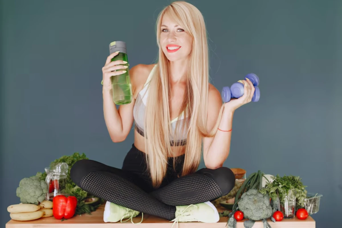 Woman sitting cross-legged on a table surrounded by fruits and vegetables, holding a water bottle and a dumbbell.