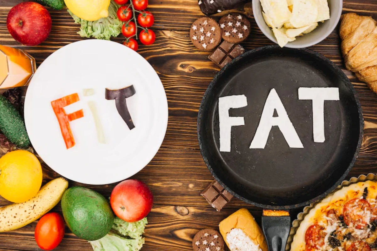 A split visual with healthy foods spelling Fit on a plate, and indulgent foods spelling Fat in a skillet, highlighting diet contrasts.