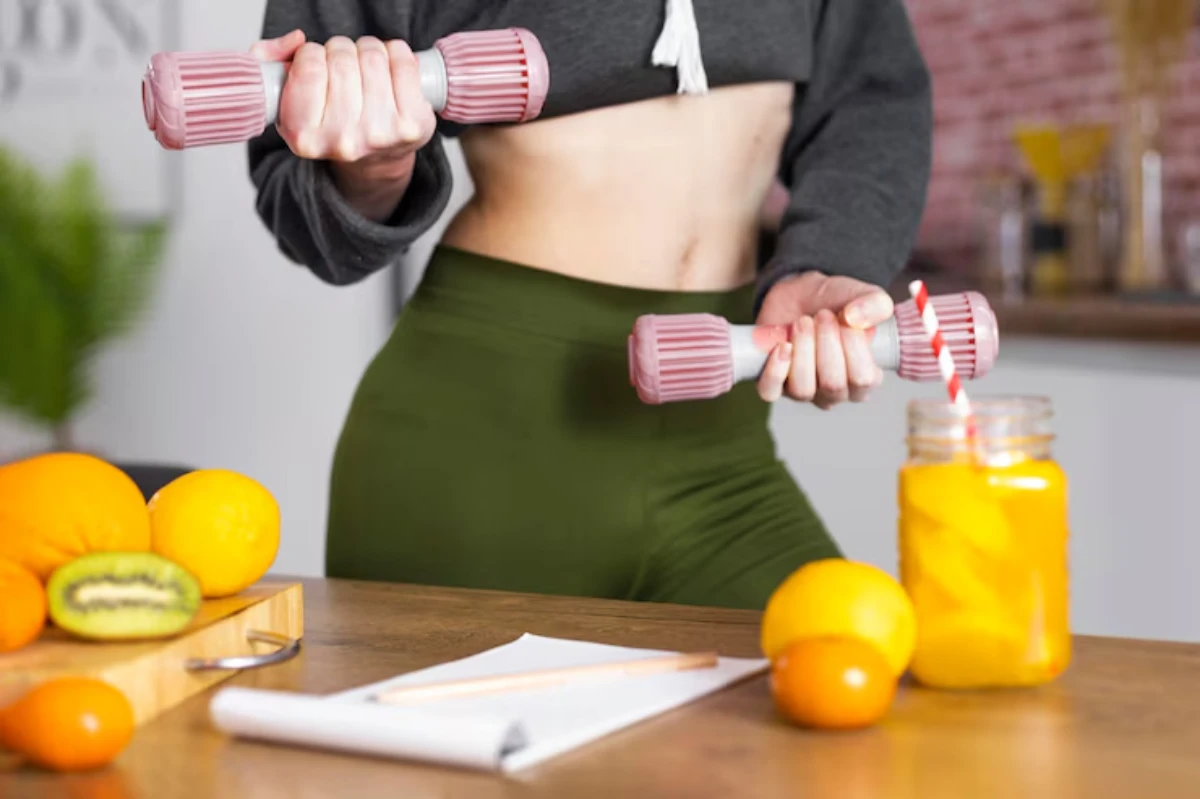 A person in workout gear holds pink dumbbells, surrounded by fresh fruits and a jar of orange juice on a wooden table.