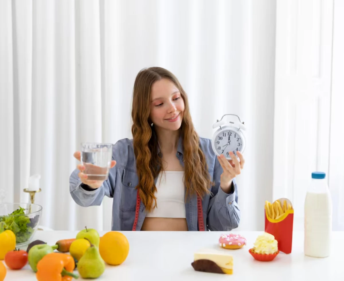 A person holds a glass of water in one hand and an alarm clock in the other, surrounded by various fruits and snacks on a table.