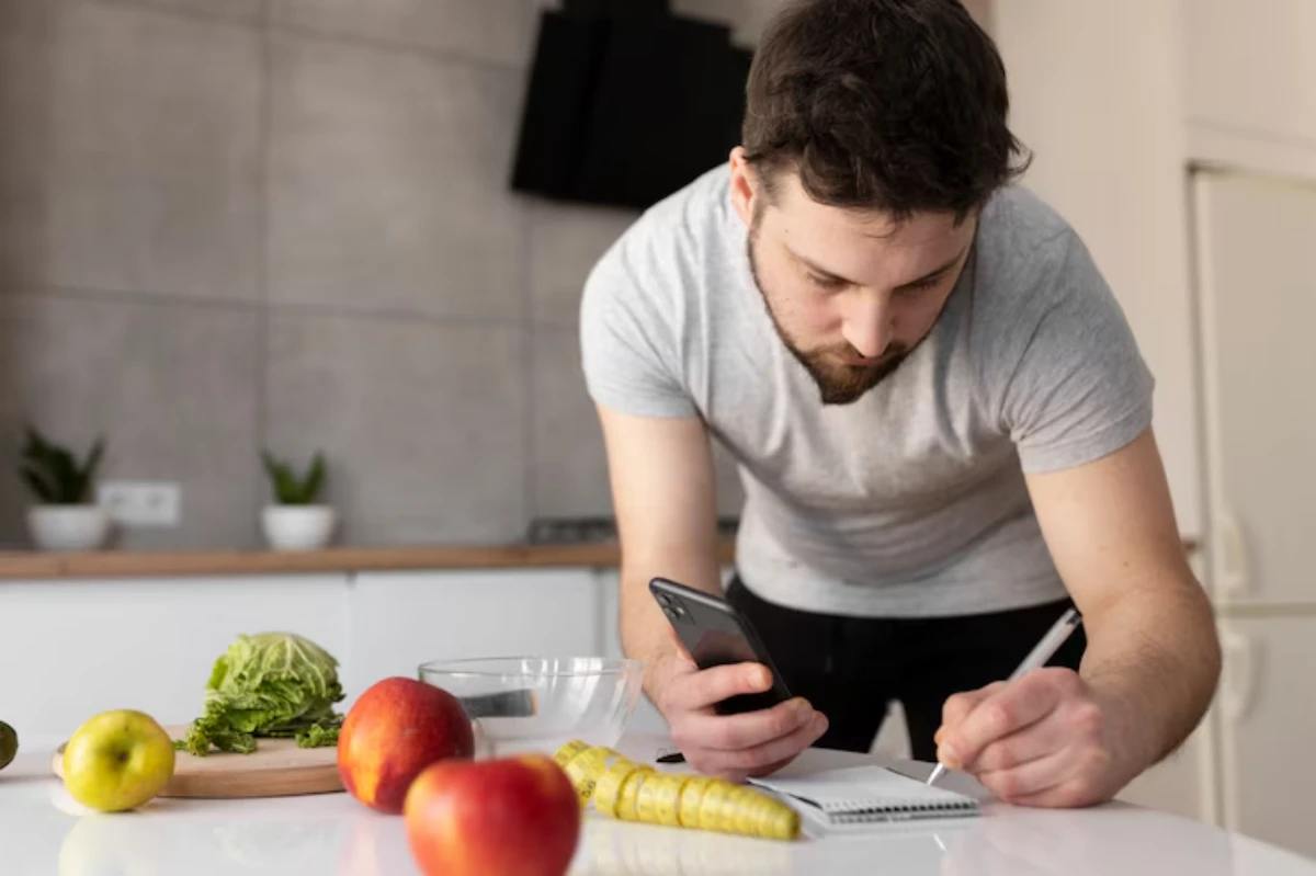 A person in a kitchen writes notes while holding a phone, surrounded by fresh fruits, vegetables, and a glass bowl on a white countertop.
