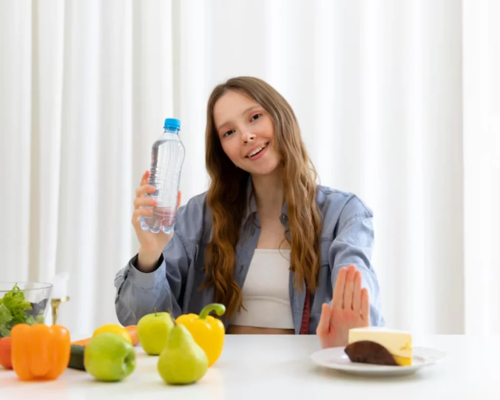 A person holds a water bottle with one hand while gesturing to refuse a slice of cake on a table filled with fresh fruits and vegetables.