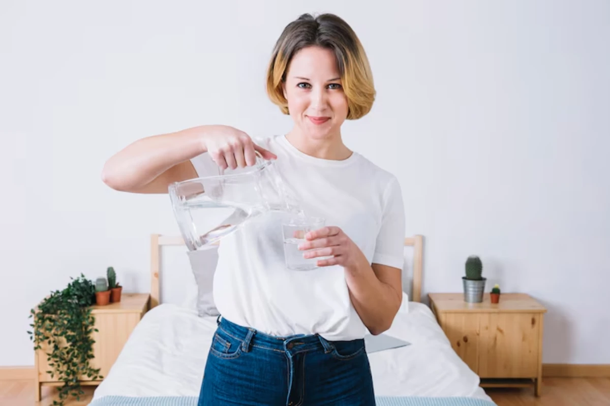 A person in a white t-shirt pours water from a glass jug into a transparent cup in a cozy, minimalist bedroom setting.