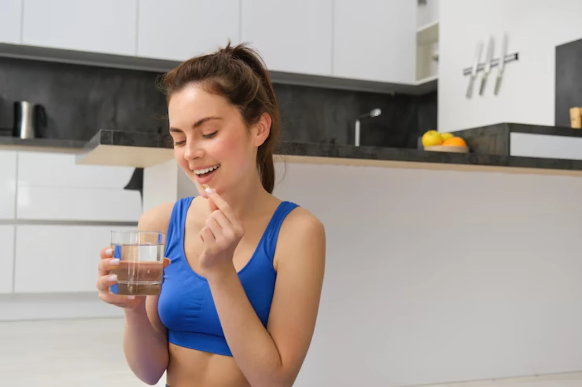A young woman in a blue sports bra holds a glass of water while looking thoughtfully at a pill in her hand in a modern kitchen.