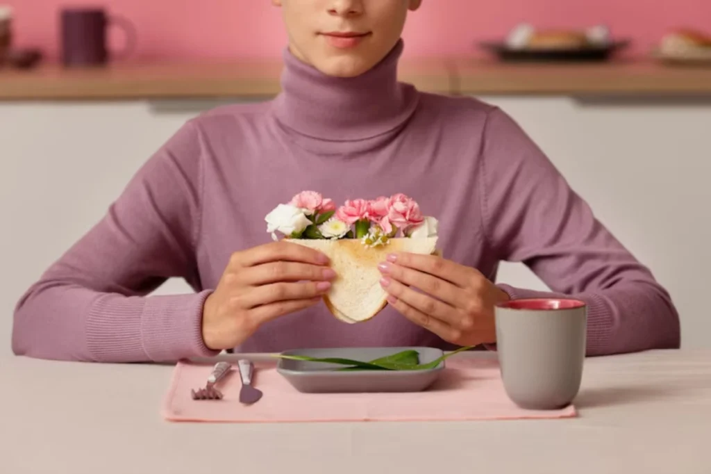 A person in a lavender turtleneck holds a sandwich with flowers, seated at a table with a gray dish, fork, and mug against a pastel backdrop.