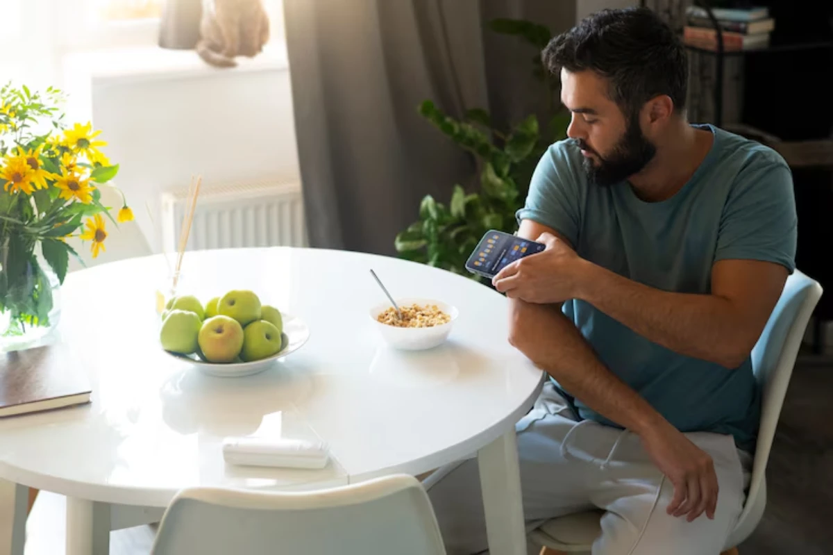 A man sits at a bright table with a bowl of cereal, a smartphone, and a plate of green apples, surrounded by sunlight and plants.