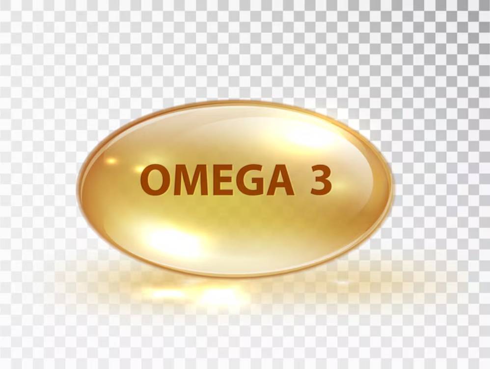 Golden oval capsule labeled OMEGA 3 on a transparent background, representing a dietary supplement.